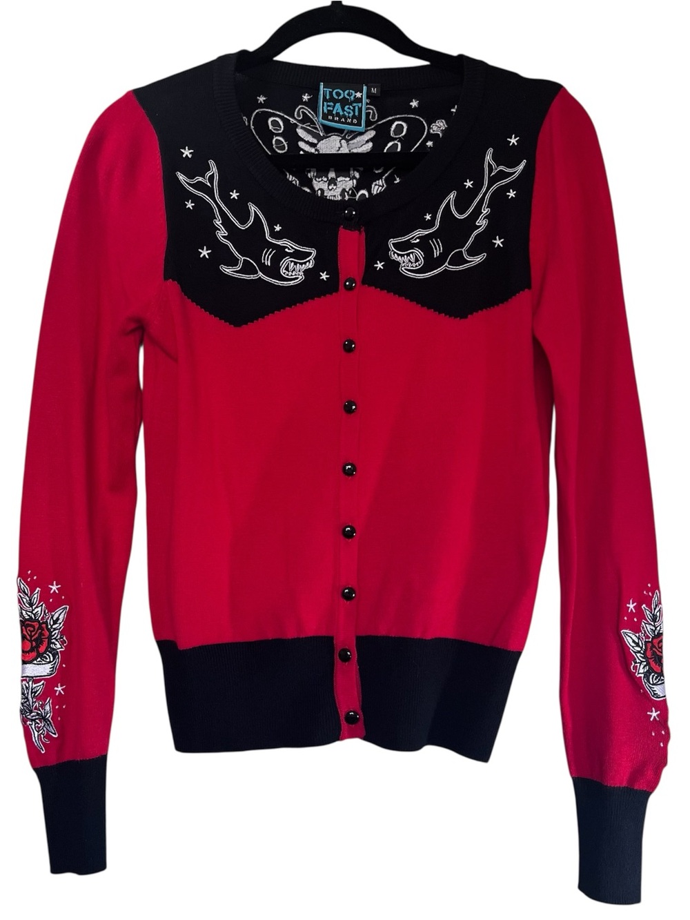 Too Fast Shark Tattoo Cardigan Sweater Red Black Medium Goth Punk